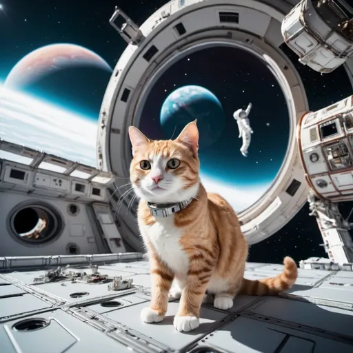 Prompt: Cat Astronaut floating outside a distant surreal space station, an evil planet in the background, 25 degree offset, wide angle perspective, infinity vanishing point