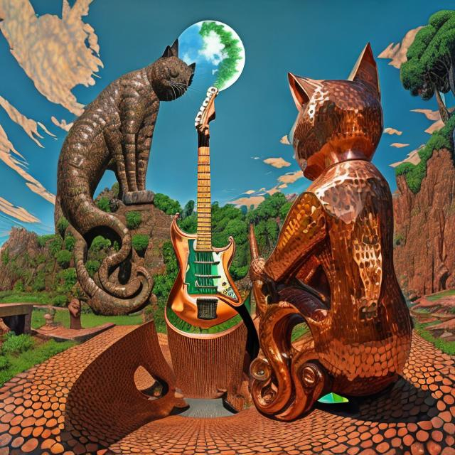 Prompt: ((((giant cat playing guitar) copper statue inlaid with emeralds) in the style of Jacek Yerka) wide perspective view) infinity vanishing point