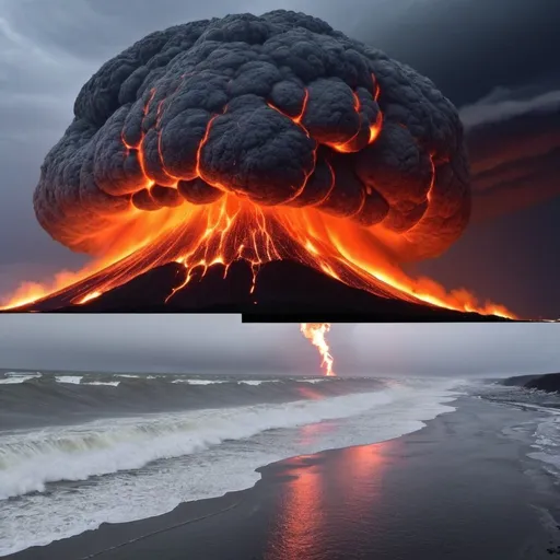 Prompt: meteor fireballs, giant hail blizzard, tornados, giant lava flows, giant tidal waves, 