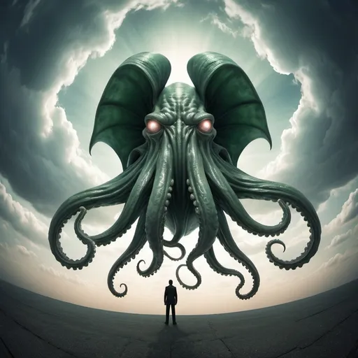 Prompt: giant sky cthulu, overhead lighting, wide angle view, surreal background proportions, infinity vanishing point