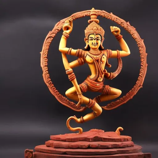 Prompt: dancing Nataraja statue holding many knives, landscape background