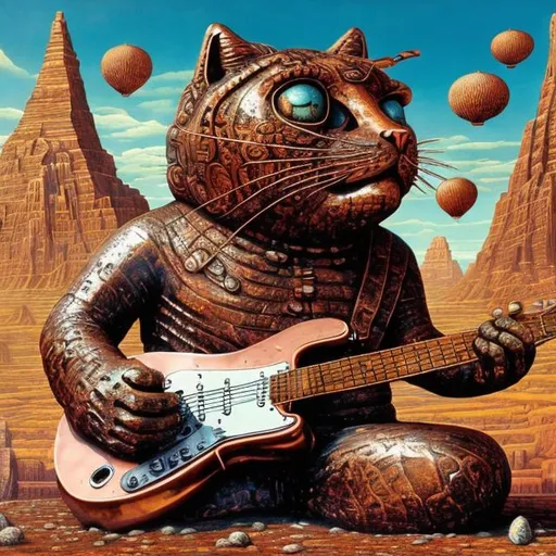 Prompt: giant ancient copper statue of giant cat playing a guitar, widescreen view, infinity vanishing point, in the style of Jacek Yerka