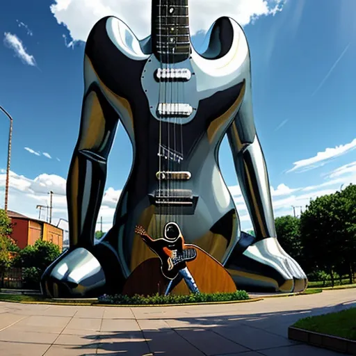 Prompt: giant acid etched steel statue of a giant cat playing guitar, in the style of Jacek Yerka, widescreen view, infinity vanishing point