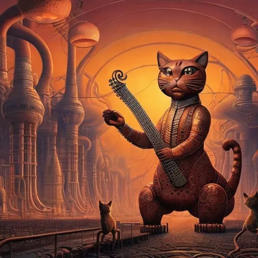 Prompt: panorama widescreen view of a giant copper cat playing a sitar, infinity vanishing point, in the style of Jacek Yerka