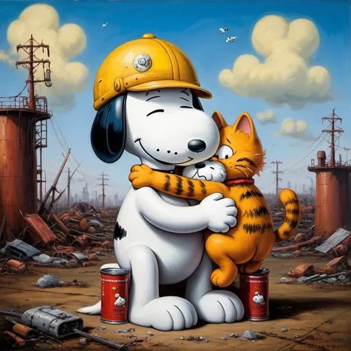 Prompt: Snoopy hugging Garfield the Cat, post-nuclear-age-apocalyptic-science-fiction, surreal-hallucination oil painting