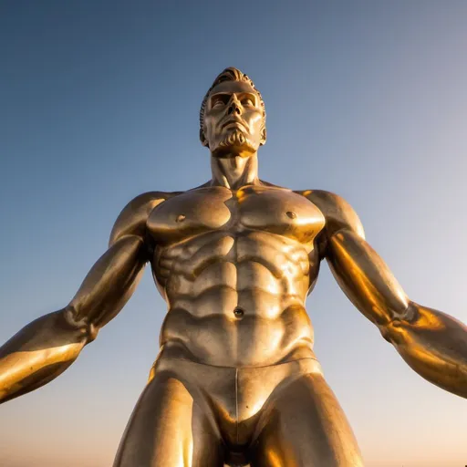 Prompt: strange giant statue, overhead golden hour lighting, extra wide angle field of view, infinity vanishing point