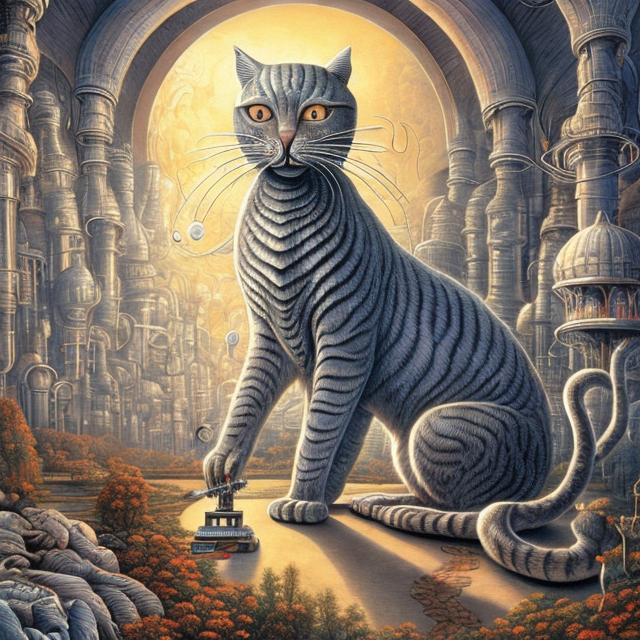 Prompt: giant silver cat playing a sitar, widescreen view, infinity vanishing point, in the style of Jacek Yerka