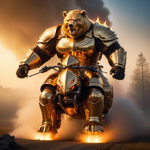 Prompt: Trump riding the biggest giant firebreathing armored war-bear in the world, overhead golden hour lighting, foggy wide angle view, infinity vanishing point