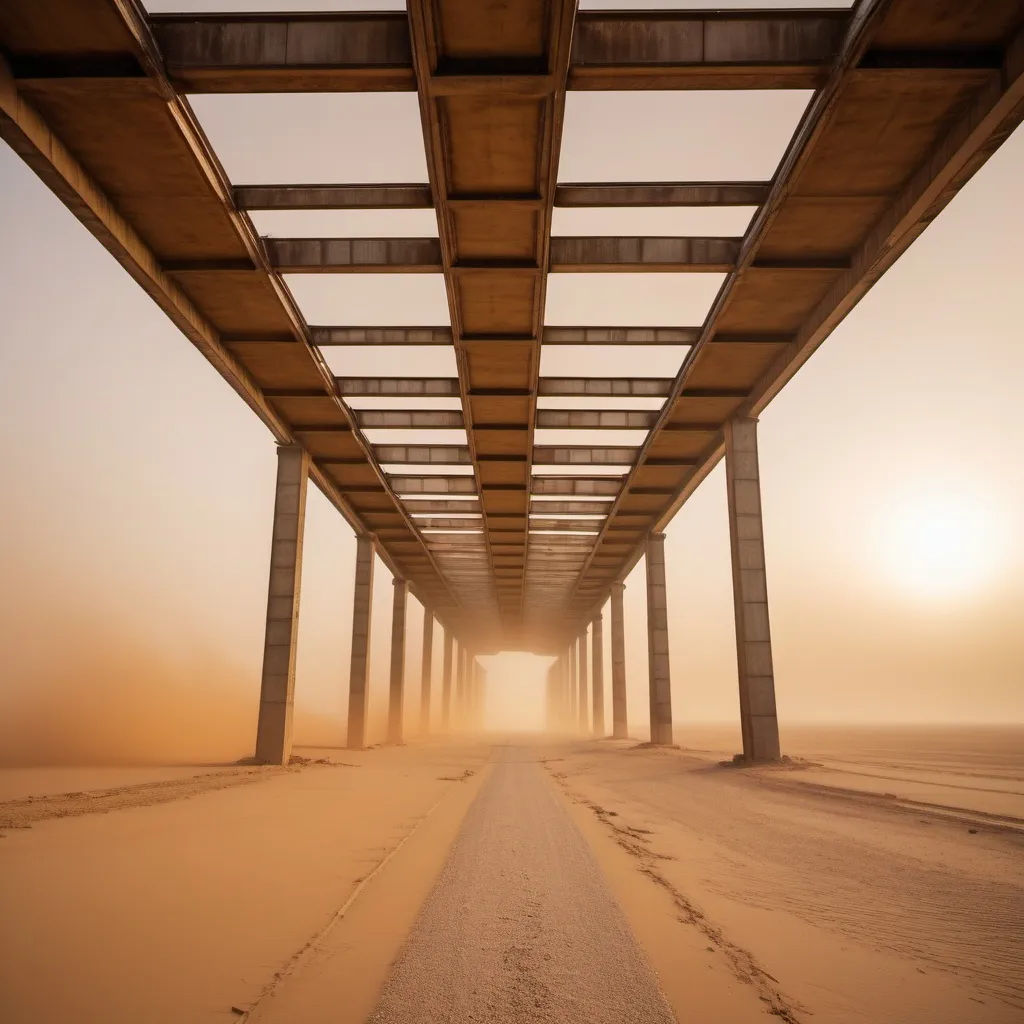 Prompt: underneath view of a distant abandoned giant skybridge to space, golden hour sandstorm overhead lighting, extra wide angle view, infinity vanishing point