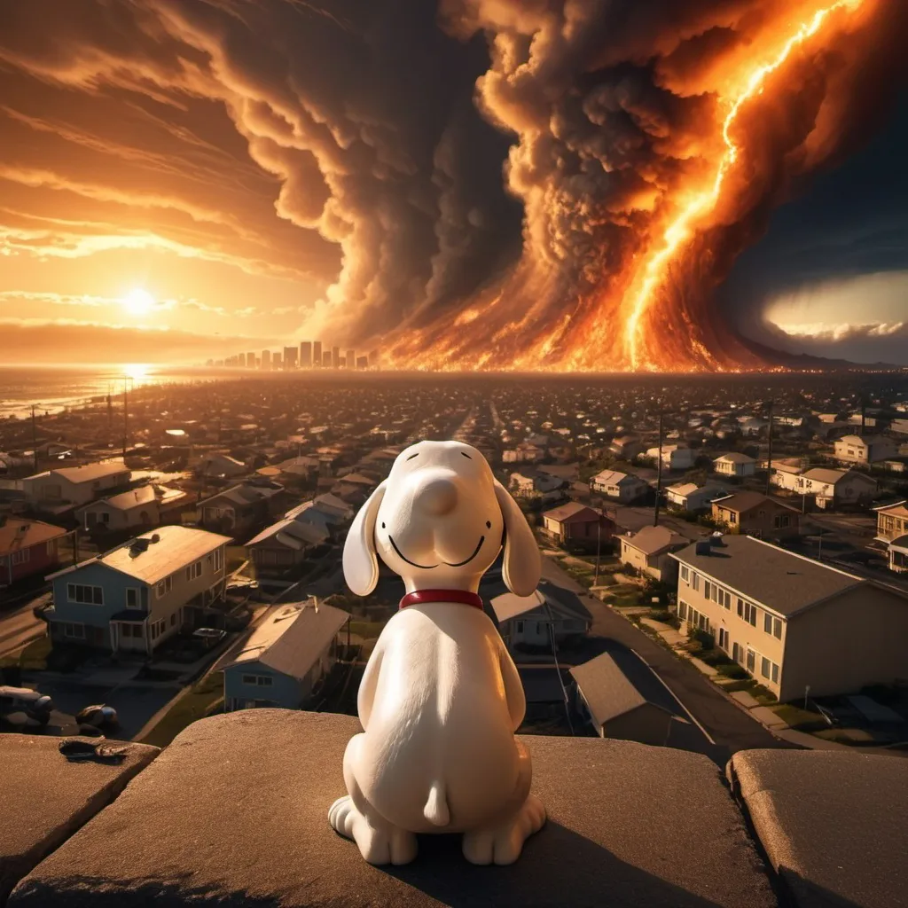 Prompt: Snoopy at the end of the world. Many flaming meteors in the air. Many tornados in the air. Giant tsunami tidal waves approaching. Giant city on fire. Golden hour overhead lighting, extra wide angle view, infinity vanishing point.