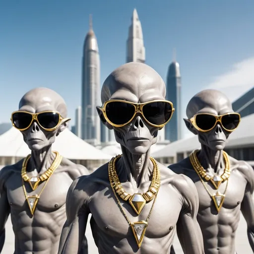 Prompt: grey aliens wearing gold necklaces and diamond sunglasses, an evil technopolis in the background, 25 degree offset, wide angle perspective, infinity vanishing point