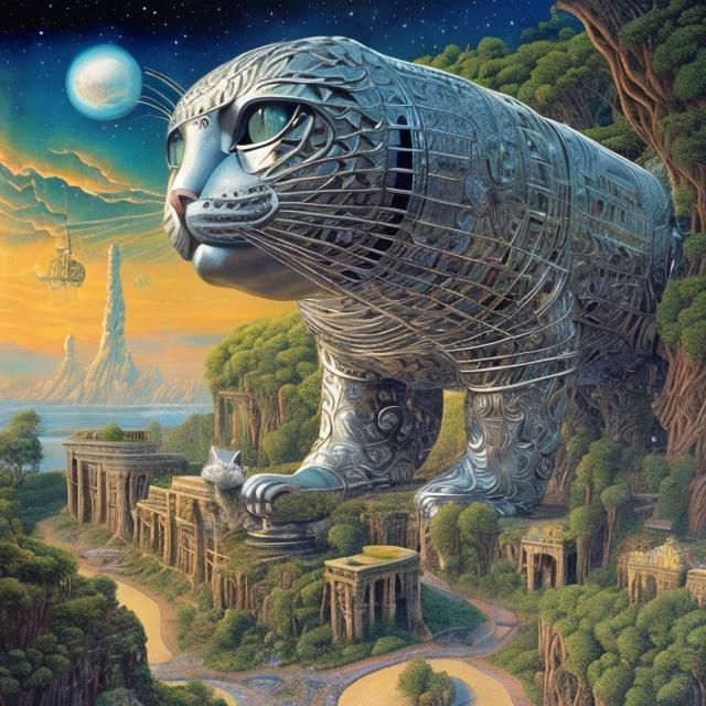 Prompt: giant silver cat playing a sitar, widescreen view, infinity vanishing point, in the style of Jacek Yerka