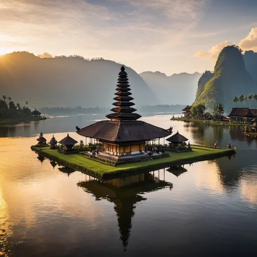 Prompt: Pura Ulun Danu Bratan, overhead golden hour lighting, extra wide angle view, infinity vanishing point