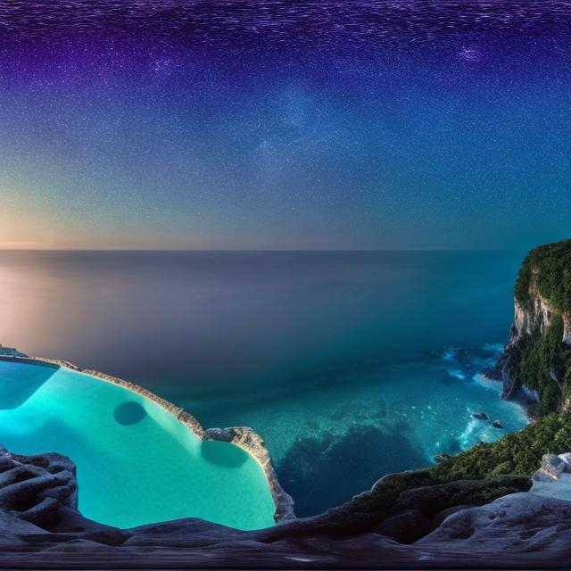 Prompt: panorama view of crystal filled ocean from cliffside infinity pool, cthulhu starry night background