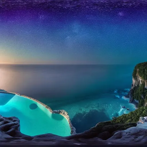 Prompt: panorama view of crystal filled ocean from cliffside infinity pool, cthulhu starry night background