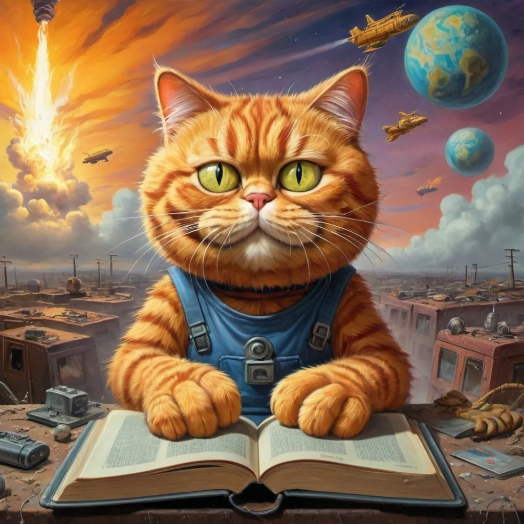 Prompt: Garfield the Cat Saves The World, post-nuclear-age-apocalyptic-science-fiction, hallucinogenic-surreal oil painting style, book cover