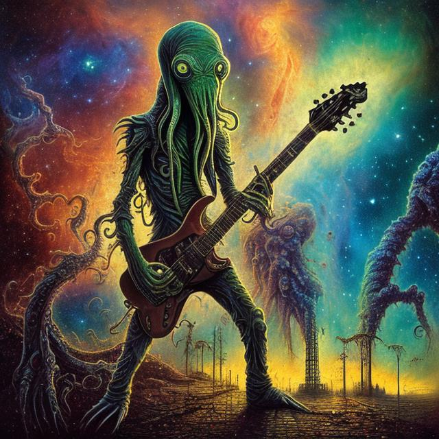 Prompt: anorexic Cthulhu playing guitar on the street corner, infinity vanishing point, Pillars of Creation nebula background