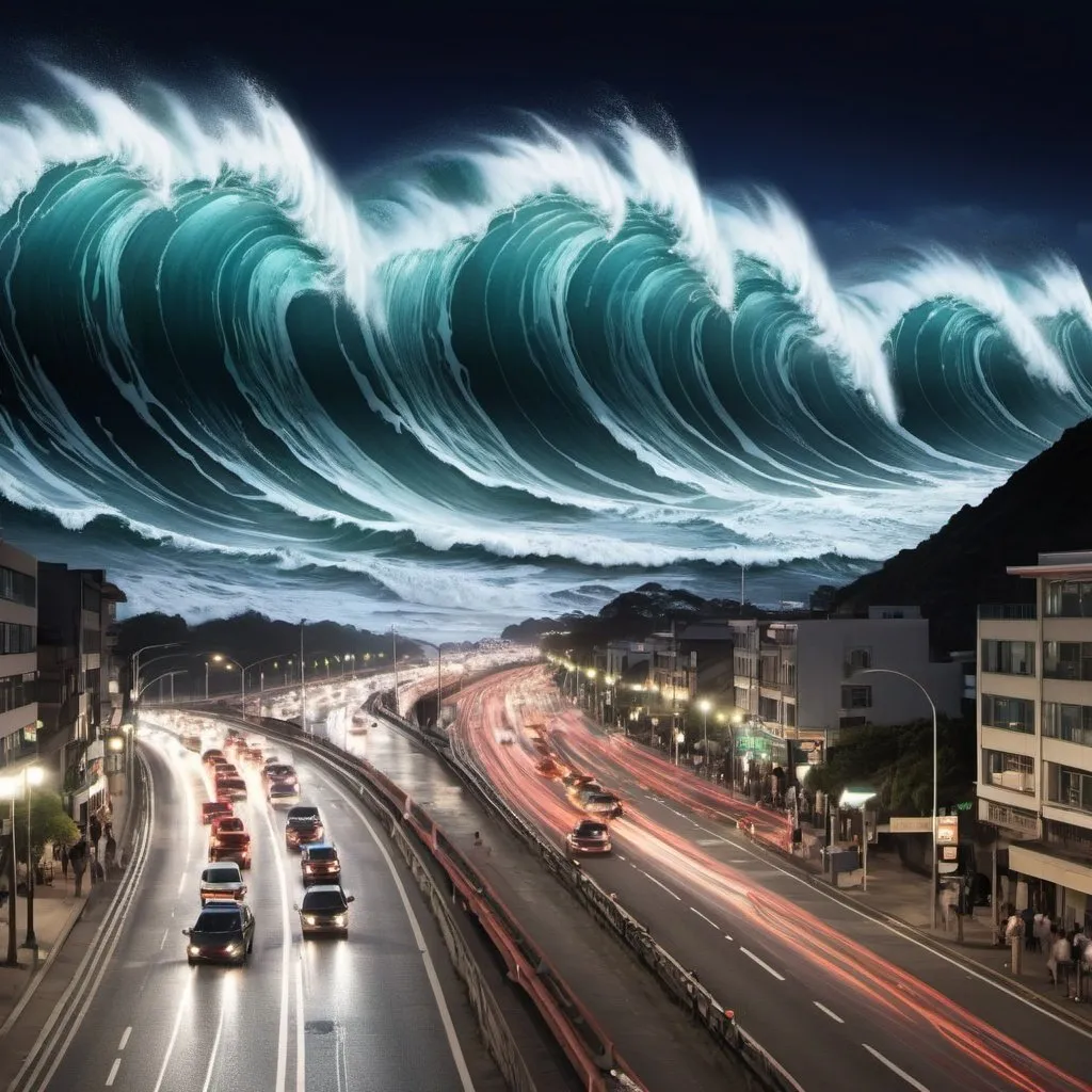 Prompt: infinite rush hour traffic, giant tidal wave at night