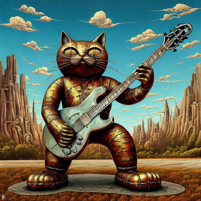 Prompt: giant rusty mirror metal statue of a giant cat playing guitar, in the style of Jacek Yerka, widescreen view, infinity vanishing point