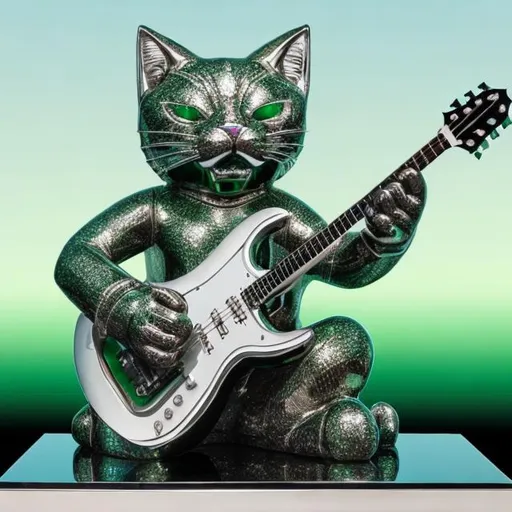Prompt: ((((giant cat playing guitar) diamond statue inlaid with green chrome) in the style of Ron English) wide perspective view) infinity vanishing point
