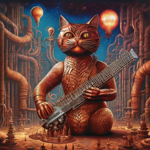 Prompt: giant copper cat playing a sitar, widescreen view, infinity vanishing point, in the style of Jacek Yerka