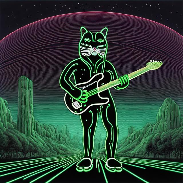 Prompt: giant obsidian statue inlaid with neon green, of a giant cat playing guitar, in the style of Jacek Yerka, wide perspective view, infinity vanishing point