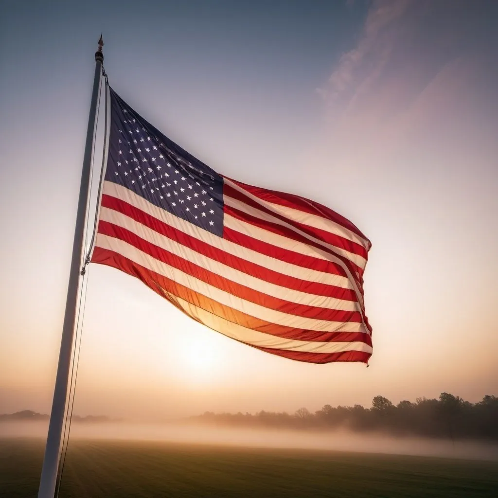 Prompt: biggest flying American Flag, overhead golden hour lighting, foggy wide angle view, infinity vanishing point