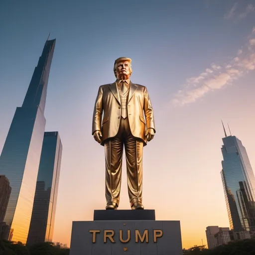 Prompt:  strange supergiant Donald Trump statue, elegant lush skyscraper skyline background, overhead golden hour lighting, extra wide angle field of view, infinity vanishing point