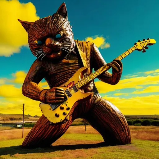 Prompt: giant rust streaked yellow metal statue of a giant cat playing guitar, in the style of Tim White, widescreen view, infinity vanishing point
