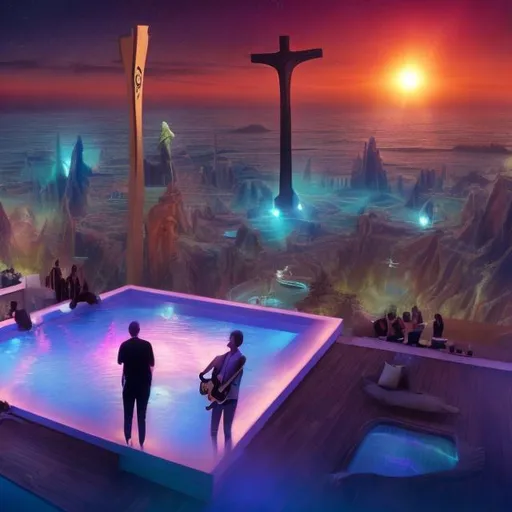 Prompt: wide view 10 feet from jesus band playing guitars, at an exotic rooftop infinity pool, infinity vanishing point, cthulhu nebula background