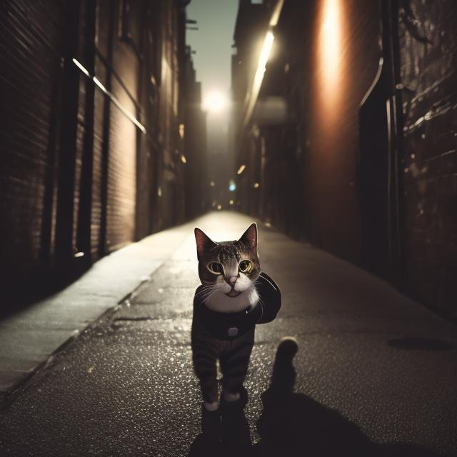 Prompt: cat dressed as a secret agent in a dark alley, overhead lighting, wide view