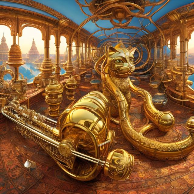 Prompt: panorama widescreen view of a giant gold cat playing a sitar, infinity vanishing point, in the style of Jacek Yerka