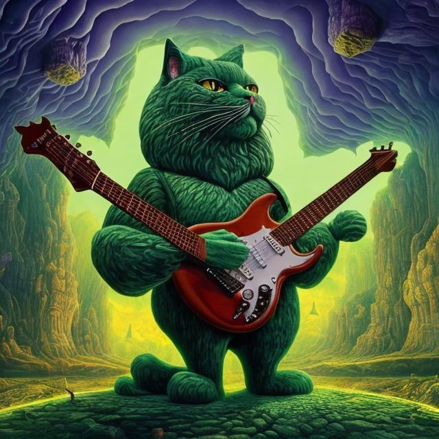 Prompt: giant emerald crystal statue of a giant cat playing guitar, in the style of Jacek Yerka, widescreen view, infinity vanishing point