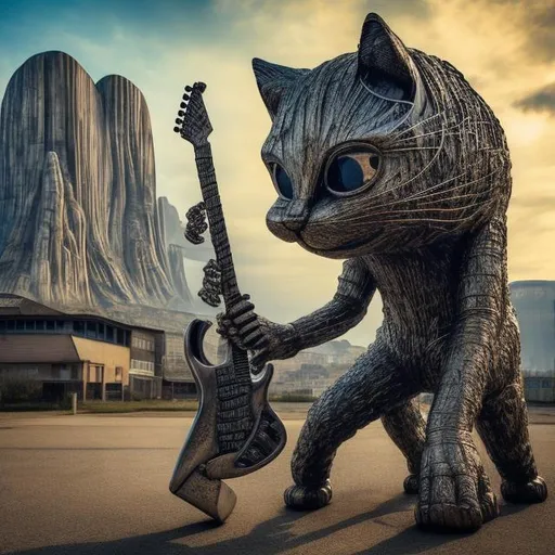 Prompt: giant weathered acid etched chrome statue of a giant cat playing guitar, in the style of Jacek Yerka, widescreen view, infinity vanishing point