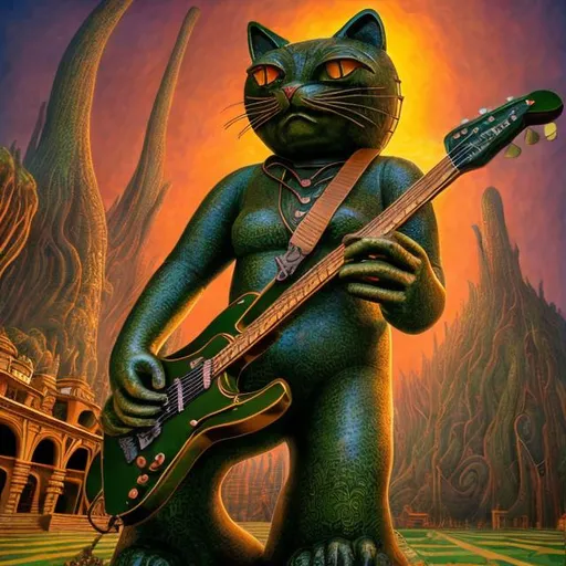 Prompt: giant green bronze metal statue of a giant cat playing guitar, in the style of Jacek Yerka, widescreen view, infinity vanishing point