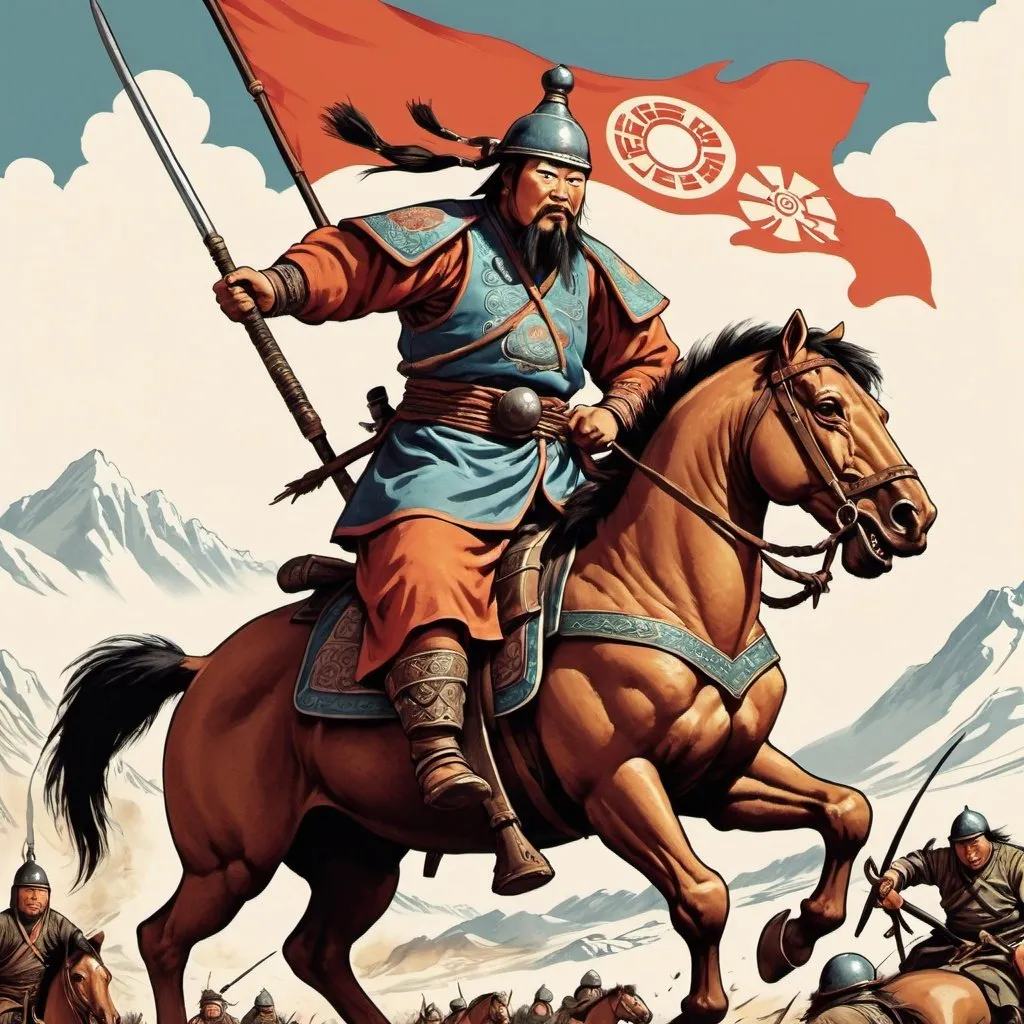 Prompt: Giant Mongol Warrior fighting tiny western allies, propaganda poster style art