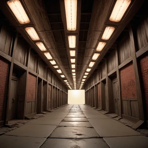 Prompt: Damnation Alley, overhead lighting, wide angle view, surreal background proportions, infinity vanishing point