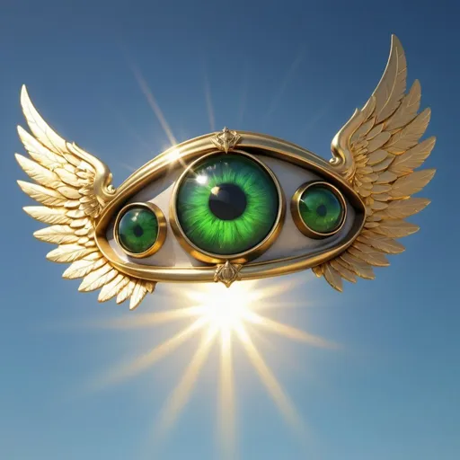 Prompt: seven green eyes with gold wings on a sunny day with the sun shining behind them and a blue sky, Anne Stokes, fantasy art, vray, a 3D render