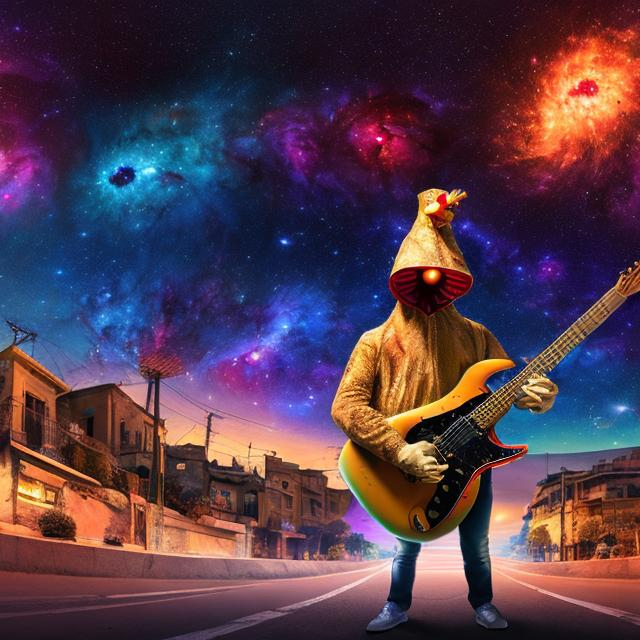 Prompt: panoramic view of a guitar player dressed as an authentic turkey, on the street corner, vanishing point perspective, galaxy and nebula background
