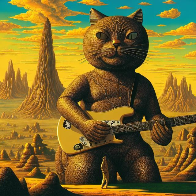 Prompt: giant gold statue of giant cat playing a guitar, widescreen view, infinity vanishing point, in the style of Jacek Yerka