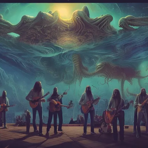 Prompt: wide view of a jesus septet playing guitars, at an exotic rooftop infinity pool, infinity vanishing point, cthulhu nebula background