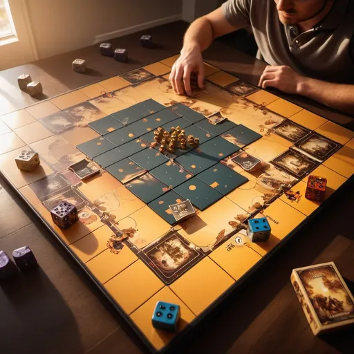 Prompt: complex board game, golden hour overhead lighting, extra wide angle view, infinity vanishing point