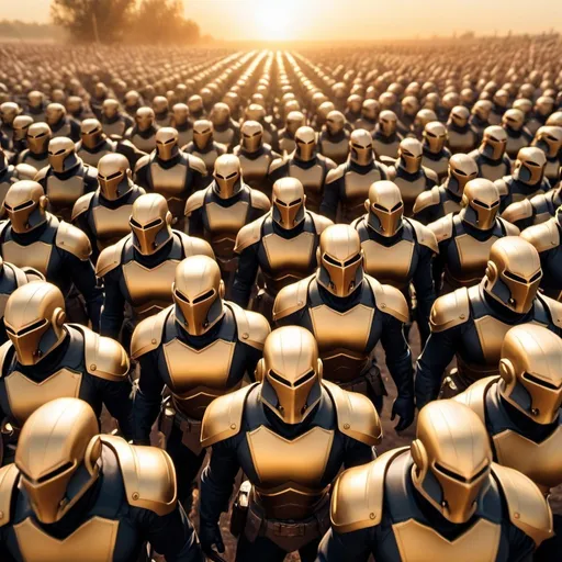 Prompt: Lawful Good army in battle with enemy Chaotic Evil army, overhead golden hour lighting, extra wide angle field of view, infinity vanishing point