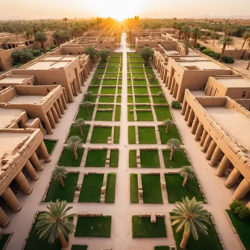 Prompt: ancient city of Karnak and lush gardens, overhead golden hour lighting, extra wide angle field of view, infinity vanishing point