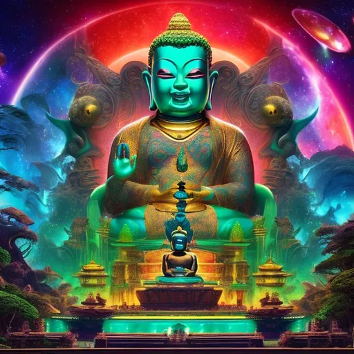 Prompt: widescreen letterbox style image of an emerald bodybuilding buddha playing guitars in front of an exotic alien temple, tropical jungle background, galaxy sky, infinity vanishing point