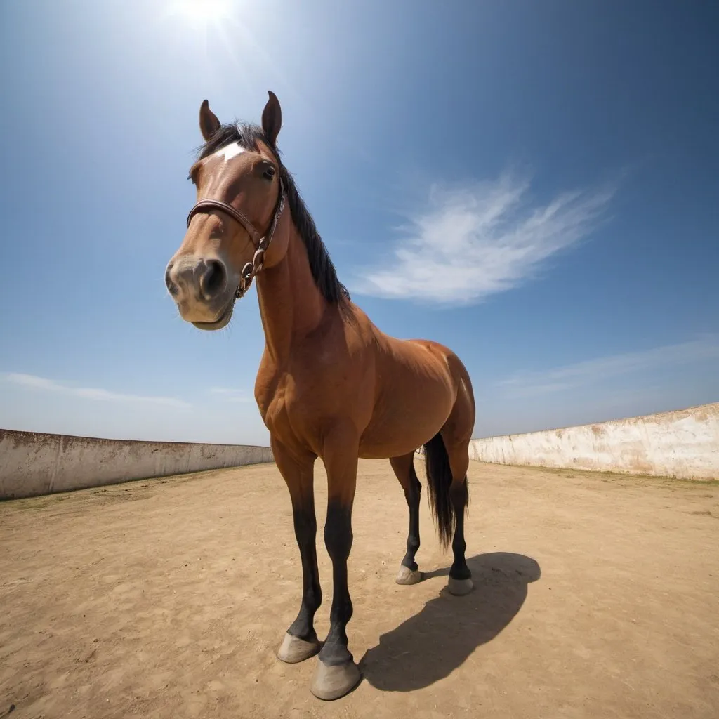 Prompt: Rocinante the horse, Campo de Criptana background, extra wide angle view, infinity vanishing point