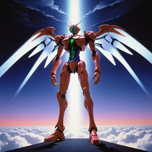 Prompt: giant Sahaquiel the tenth angel from Neon Genesis Evangelion, overhead lighting, wide angle view, surreal background proportions, infinity vanishing point