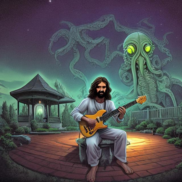 Prompt: wide view, jesus playing guitar in front of a patio gazebo grill barbeque, infinity vanishing point, Cthulhu nebula background