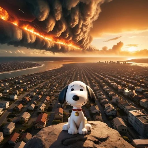 Prompt: Snoopy at the end of the world. Many falling meteors from the sky. Many tornados in the air. Giant tsunami tidal waves approaching. Giant city on fire. Golden hour overhead lighting, extra wide angle view, infinity vanishing point.