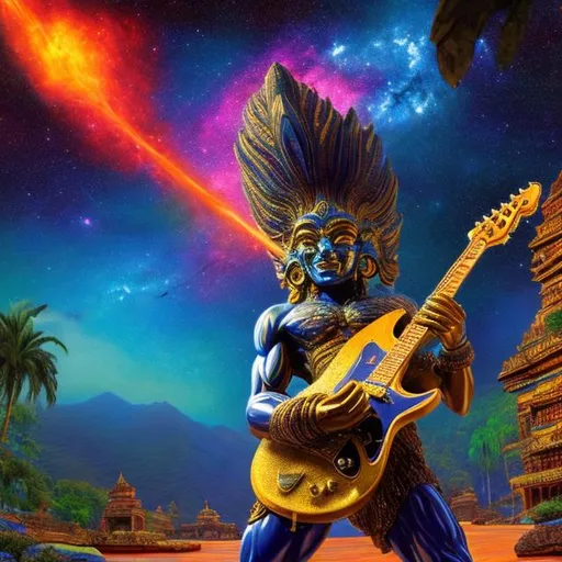 Prompt: wide view of a lazurite bodybuilding vishnu playing guitar at an exotic temple, tropical jungle background, galaxy sky, infinity vanishing point